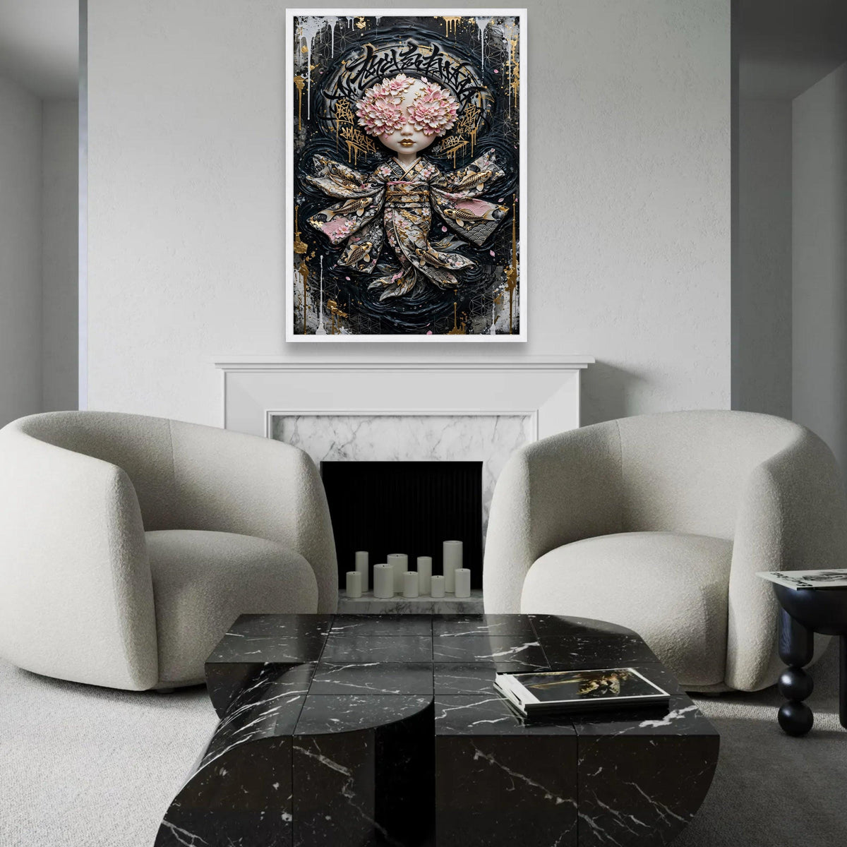 Floral Masked Geisha Doll Canvas, Japanese Kimono Wall Art, Gold Accent Illustration, Modern Asian Decor, Unique Ready To Hang Decoration