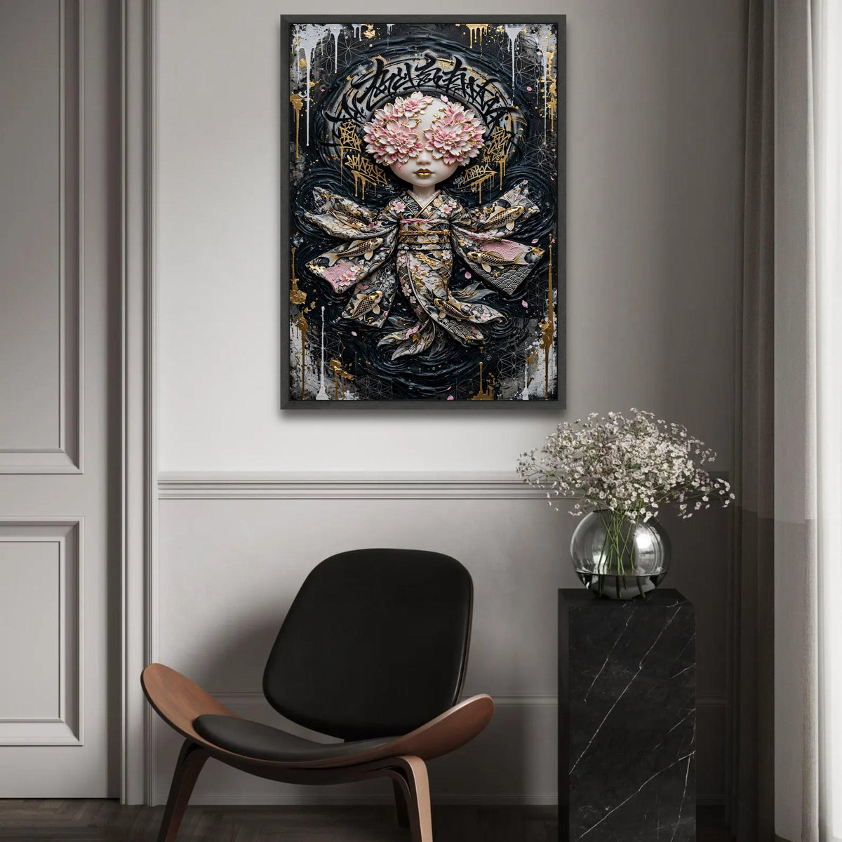 Floral Masked Geisha Doll Canvas, Japanese Kimono Wall Art, Gold Accent Illustration, Modern Asian Decor, Unique Ready To Hang Decoration