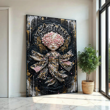 Floral Masked Geisha Doll Canvas, Japanese Kimono Wall Art, Gold Accent Illustration, Modern Asian Decor, Unique Ready To Hang Decoration
