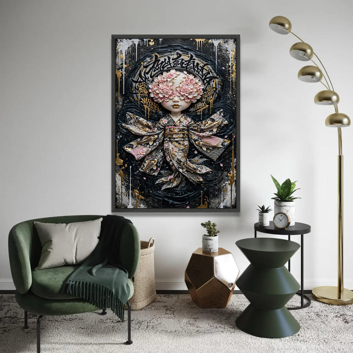 Floral Masked Geisha Doll Canvas, Japanese Kimono Wall Art, Gold Accent Illustration, Modern Asian Decor, Unique Ready To Hang Decoration