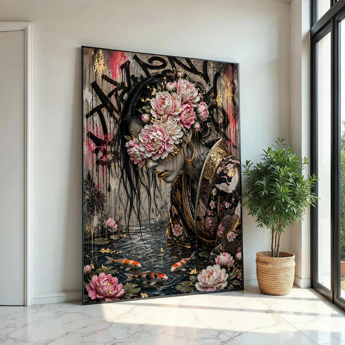Elegant Woman with Floral Mask Canvas, Japanese Kimono Art, Koi Fish Pond Wall Art, Gold Accent Portrait, Modern Ready To Hang Decoration