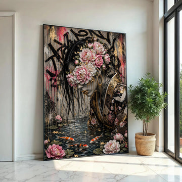 Elegant Woman with Floral Mask Canvas, Japanese Kimono Art, Koi Fish Pond Wall Art, Gold Accent Portrait, Modern Ready To Hang Decoration