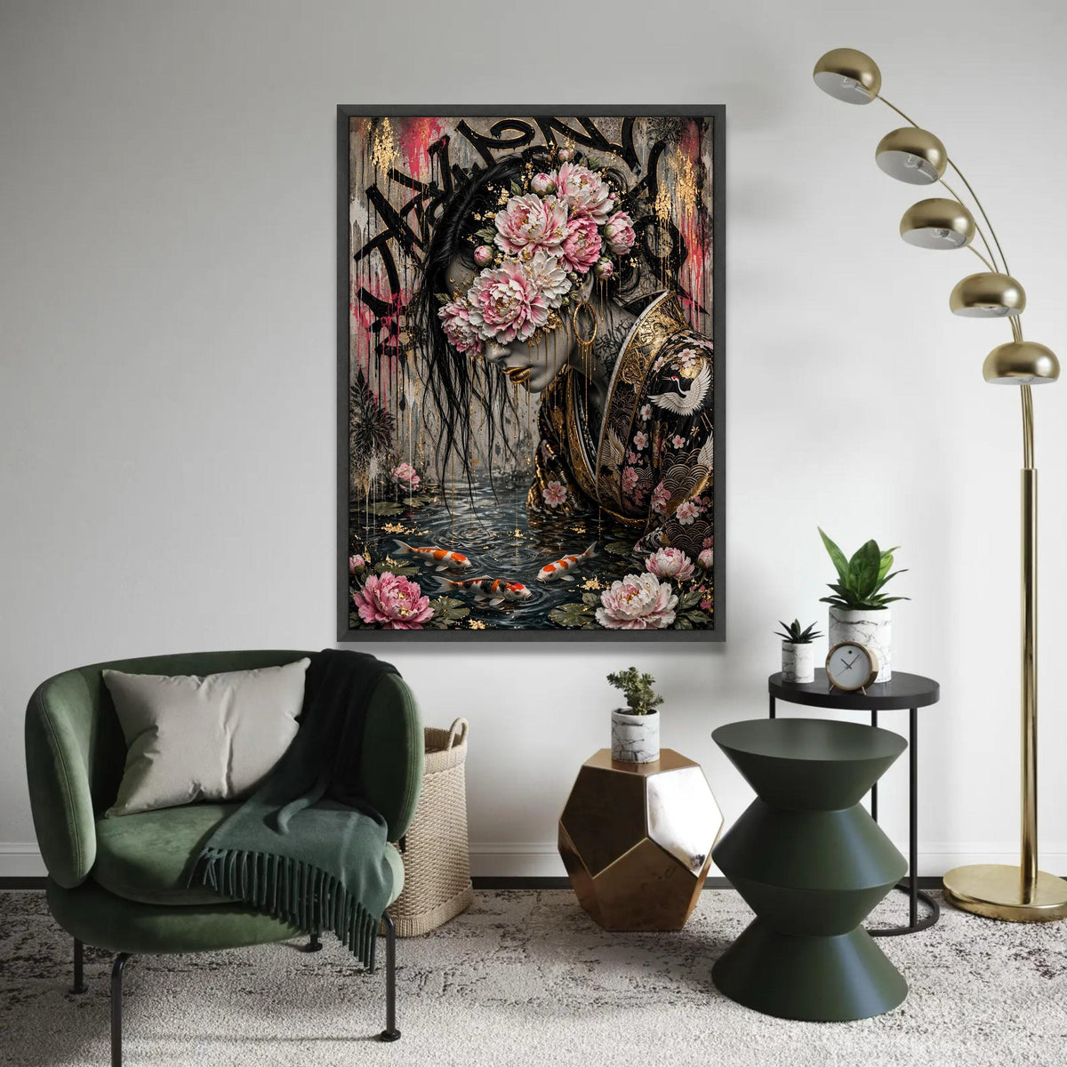 Elegant Woman with Floral Mask Canvas, Japanese Kimono Art, Koi Fish Pond Wall Art, Gold Accent Portrait, Modern Ready To Hang Decoration