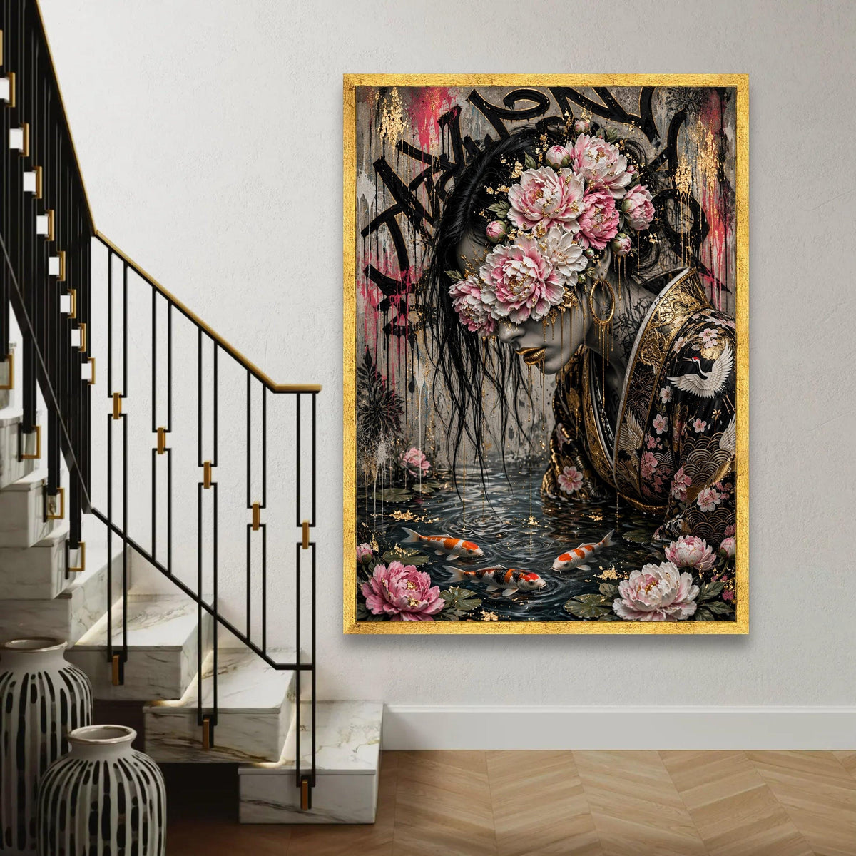 Elegant Woman with Floral Mask Canvas, Japanese Kimono Art, Koi Fish Pond Wall Art, Gold Accent Portrait, Modern Ready To Hang Decoration
