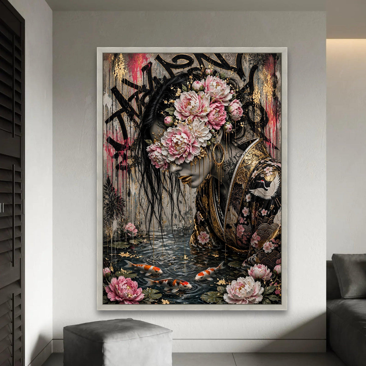 Elegant Woman with Floral Mask Canvas, Japanese Kimono Art, Koi Fish Pond Wall Art, Gold Accent Portrait, Modern Ready To Hang Decoration