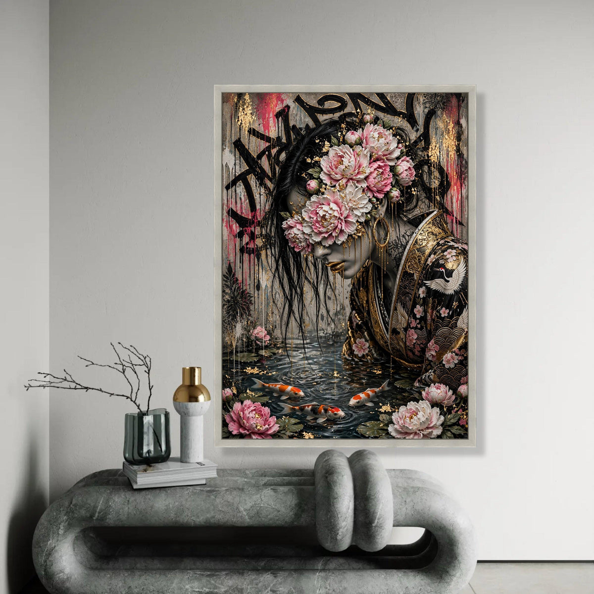 Elegant Woman with Floral Mask Canvas, Japanese Kimono Art, Koi Fish Pond Wall Art, Gold Accent Portrait, Modern Ready To Hang Decoration