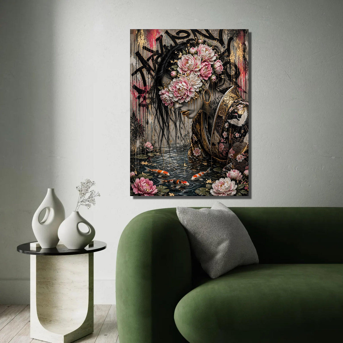 Elegant Woman with Floral Mask Canvas, Japanese Kimono Art, Koi Fish Pond Wall Art, Gold Accent Portrait, Modern Ready To Hang Decoration