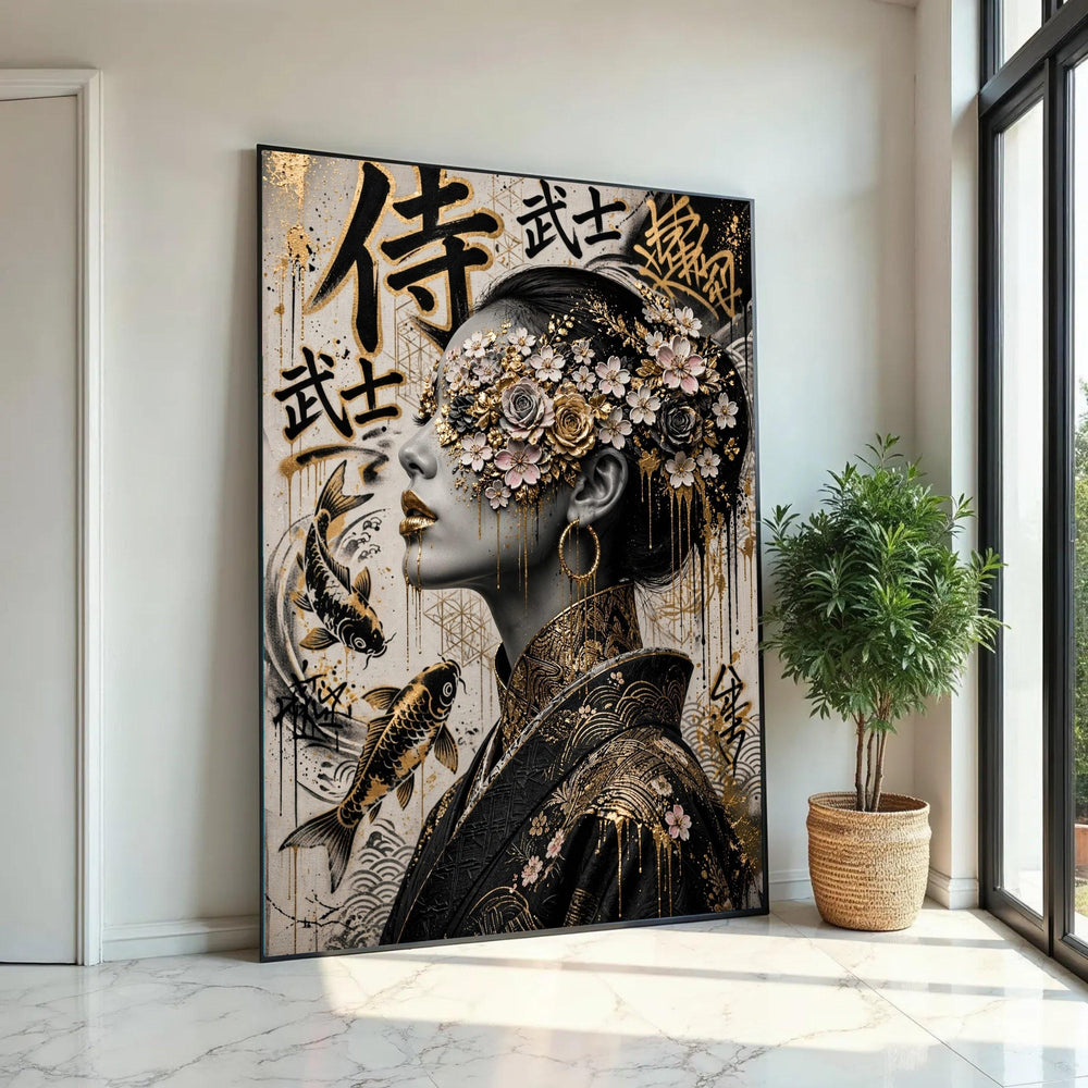 Elegant Geisha Portrait with Gold Floral Mask Canvas, Asian Decorative Art, Koi Fish Painting, Modern Wall Decor, Ready To Hang Decoration