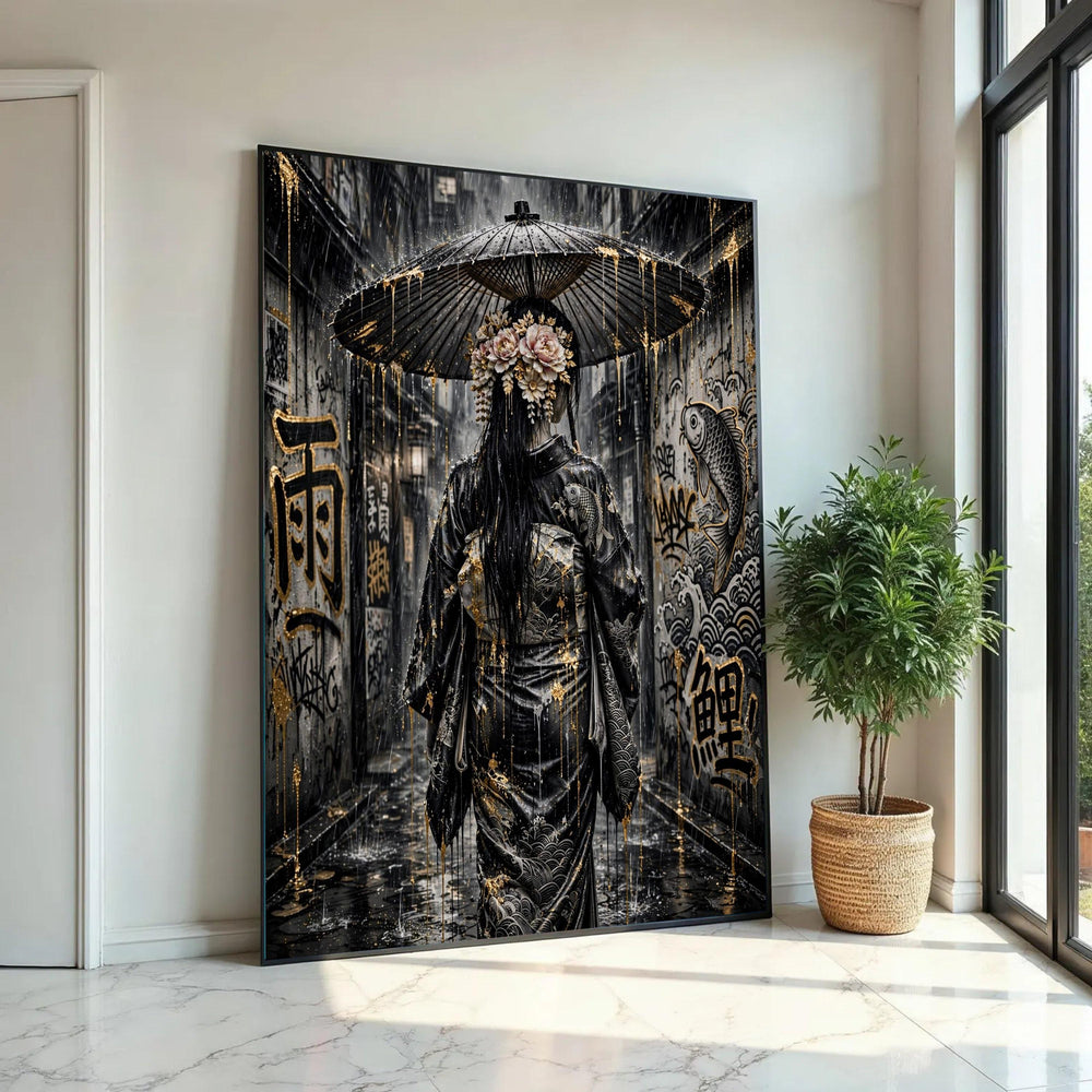 Rainy Alley Geisha, Japanese Umbrella Canvas, Street Art Graffiti Canvas, Traditional Dress Wall Art, Asian Culture Ready To Hang Decoration