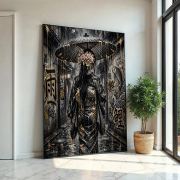 Rainy Alley Geisha, Japanese Umbrella Canvas, Street Art Graffiti Canvas, Traditional Dress Wall Art, Asian Culture Ready To Hang Decoration