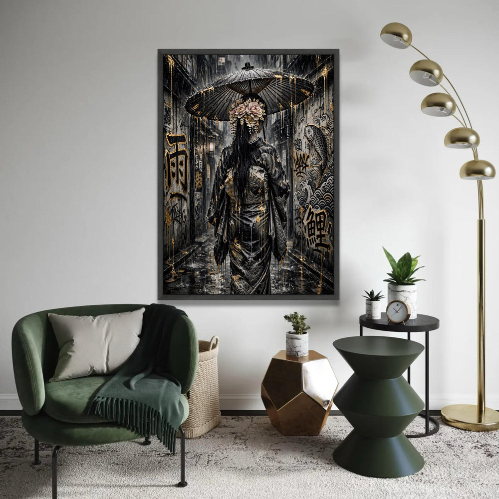 Rainy Alley Geisha, Japanese Umbrella Canvas, Street Art Graffiti Canvas, Traditional Dress Wall Art, Asian Culture Ready To Hang Decoration