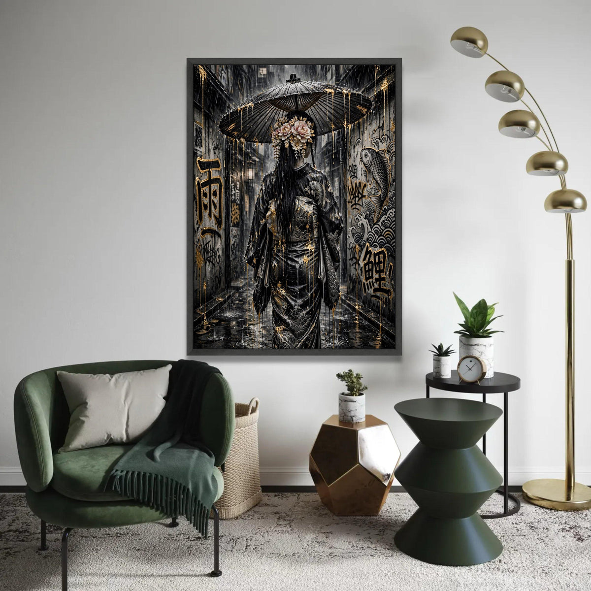 Rainy Alley Geisha, Japanese Umbrella Canvas, Street Art Graffiti Canvas, Traditional Dress Wall Art, Asian Culture Ready To Hang Decoration