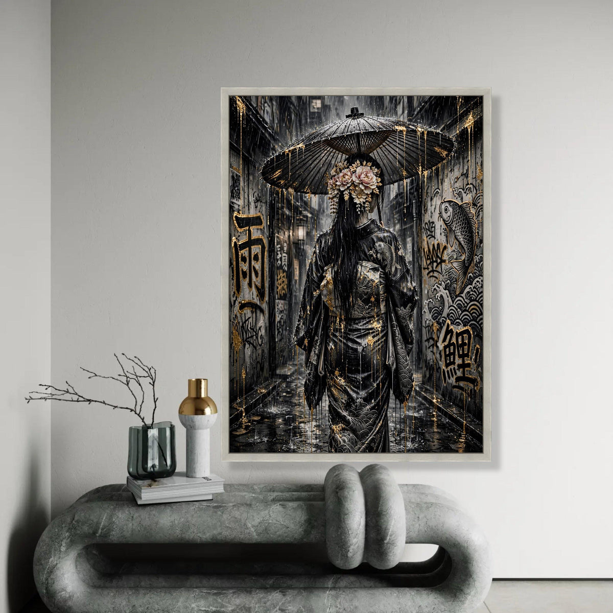 Rainy Alley Geisha, Japanese Umbrella Canvas, Street Art Graffiti Canvas, Traditional Dress Wall Art, Asian Culture Ready To Hang Decoration