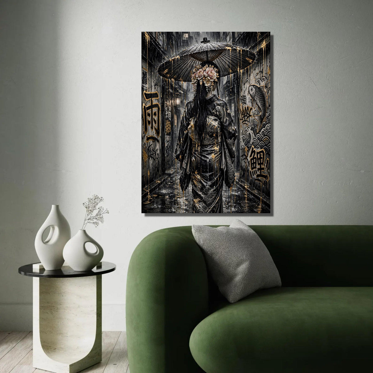 Rainy Alley Geisha, Japanese Umbrella Canvas, Street Art Graffiti Canvas, Traditional Dress Wall Art, Asian Culture Ready To Hang Decoration