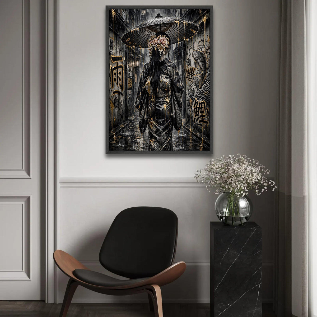 Rainy Alley Geisha, Japanese Umbrella Canvas, Street Art Graffiti Canvas, Traditional Dress Wall Art, Asian Culture Ready To Hang Decoration
