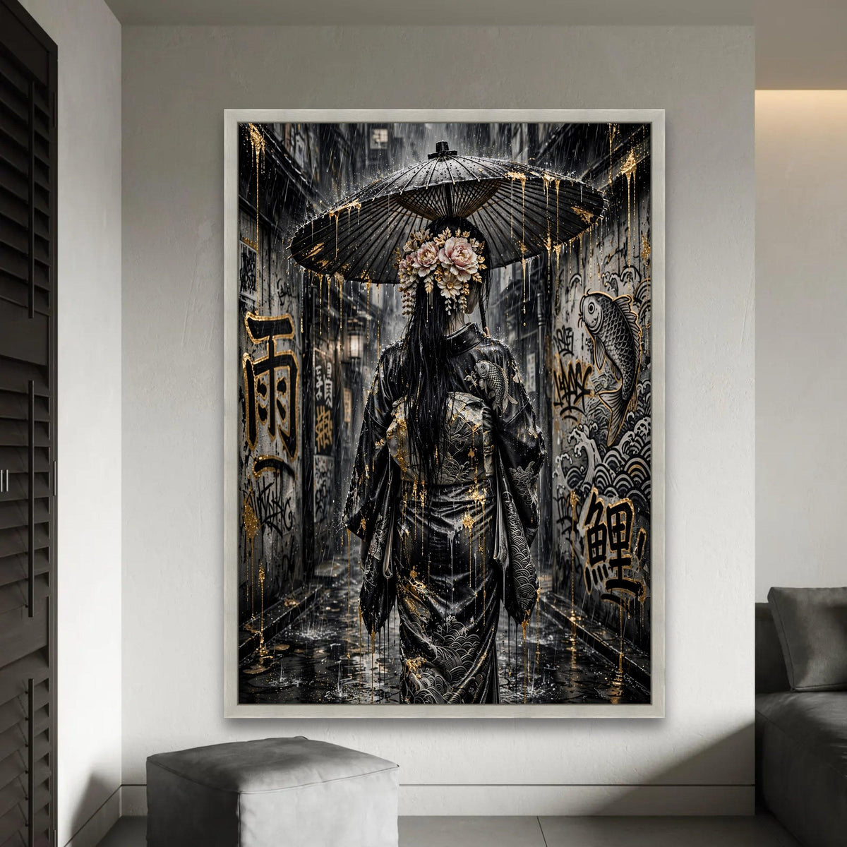 Rainy Alley Geisha, Japanese Umbrella Canvas, Street Art Graffiti Canvas, Traditional Dress Wall Art, Asian Culture Ready To Hang Decoration