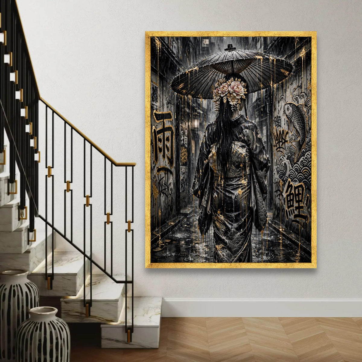 Rainy Alley Geisha, Japanese Umbrella Canvas, Street Art Graffiti Canvas, Traditional Dress Wall Art, Asian Culture Ready To Hang Decoration