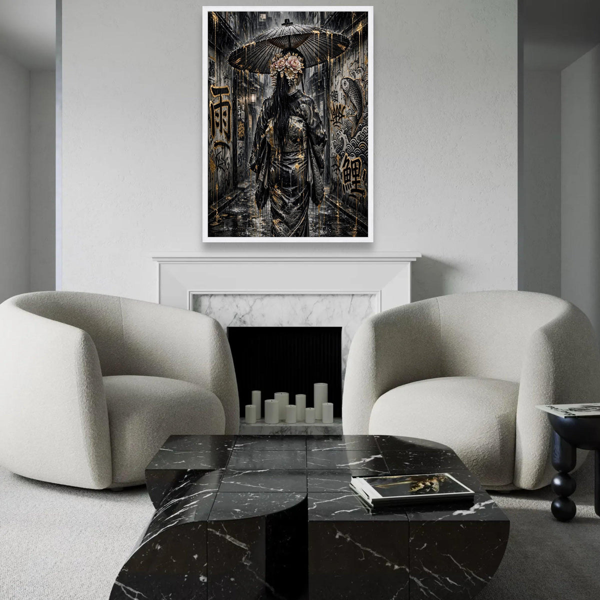 Rainy Alley Geisha, Japanese Umbrella Canvas, Street Art Graffiti Canvas, Traditional Dress Wall Art, Asian Culture Ready To Hang Decoration