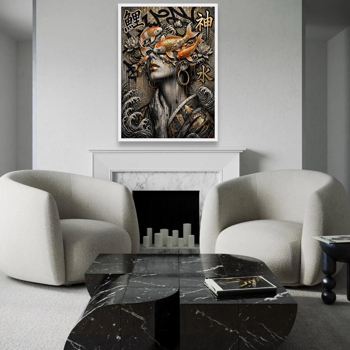 Golden Koi Fish and Lotus Canvas, Asian Art Wall Decor, Surreal Woman Portrait Canvas, Japanese Style Wall Art, Ready To Hang Decoration