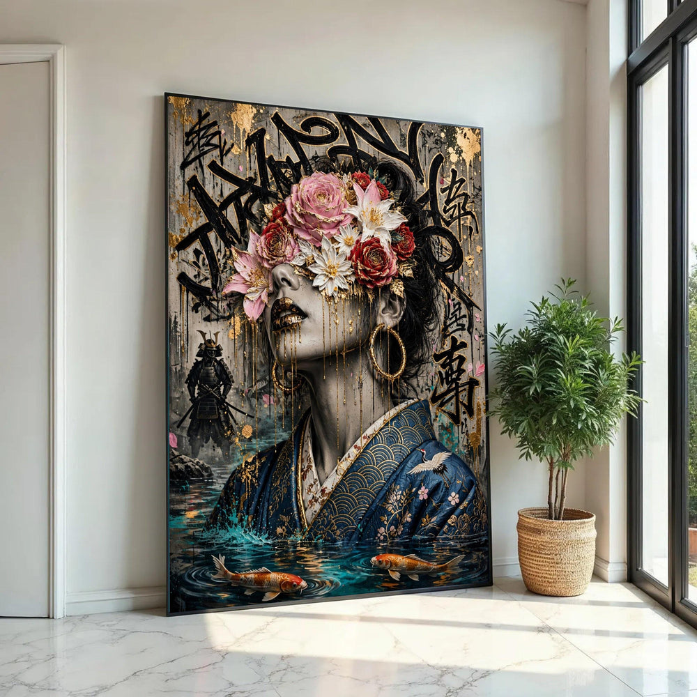 Golden Floral Mask Woman Canvas, Japanese Kimono Portrait, Urban Graffiti Art, Koi Fish Water Scene, Modern Asian Ready To Hang Decoration