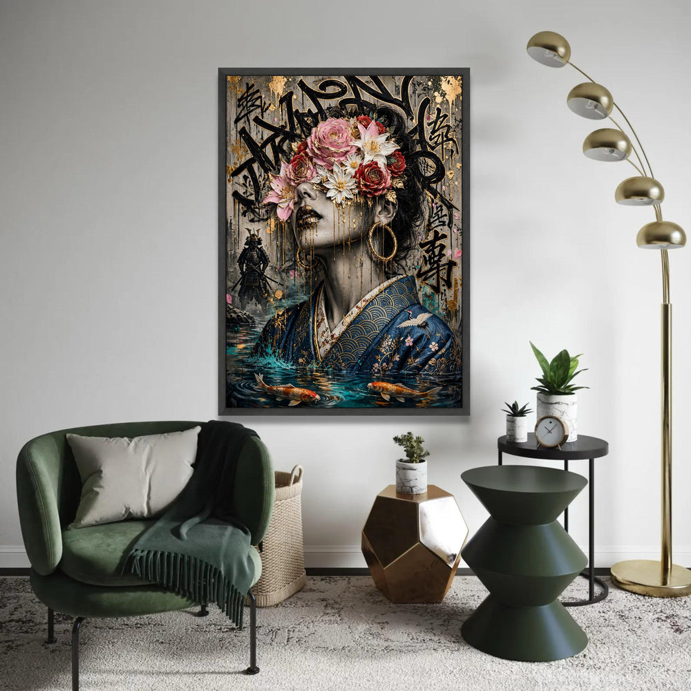 Golden Floral Mask Woman Canvas, Japanese Kimono Portrait, Urban Graffiti Art, Koi Fish Water Scene, Modern Asian Ready To Hang Decoration