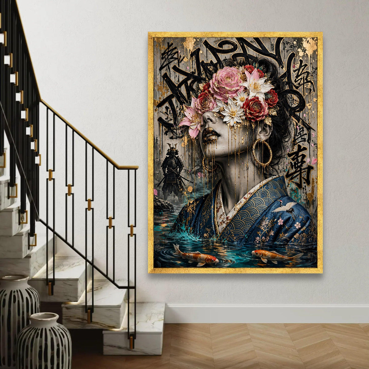 Golden Floral Mask Woman Canvas, Japanese Kimono Portrait, Urban Graffiti Art, Koi Fish Water Scene, Modern Asian Ready To Hang Decoration