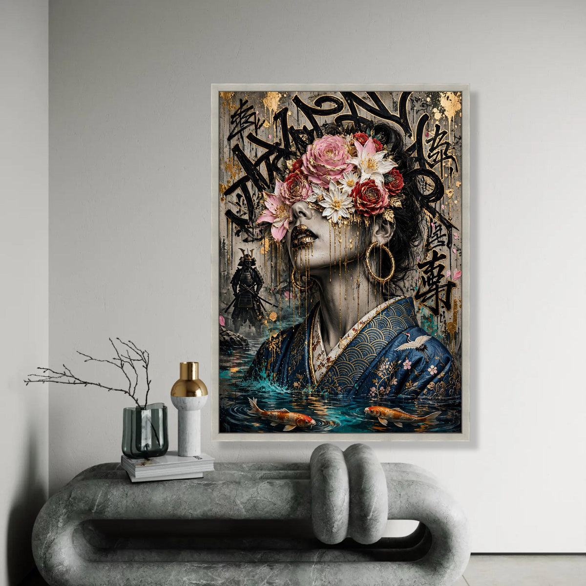 Golden Floral Mask Woman Canvas, Japanese Kimono Portrait, Urban Graffiti Art, Koi Fish Water Scene, Modern Asian Ready To Hang Decoration