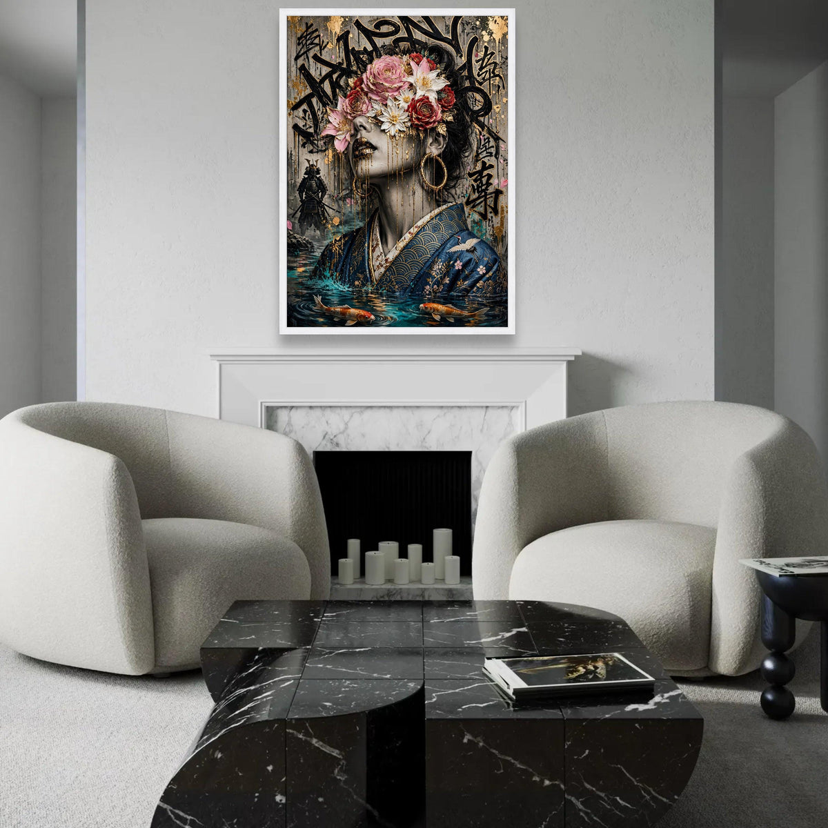 Golden Floral Mask Woman Canvas, Japanese Kimono Portrait, Urban Graffiti Art, Koi Fish Water Scene, Modern Asian Ready To Hang Decoration