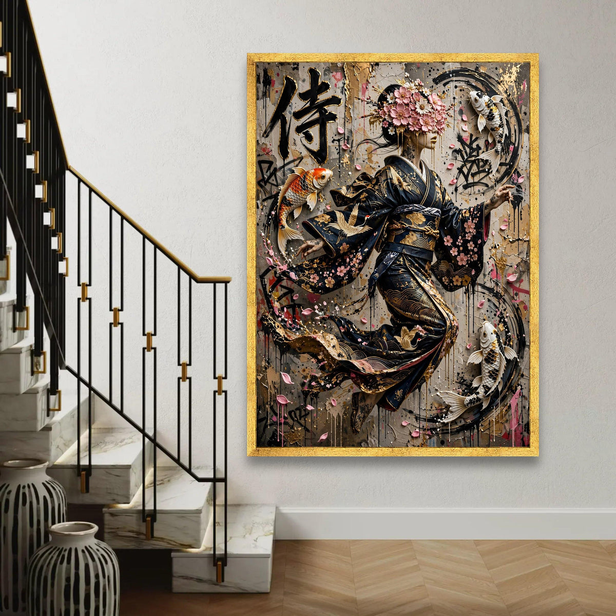 Elegant Geisha Kimono with Cherry Blossoms and Koi Fish Canvas, Asian Art Wall Decor, Modern Japanese Canvas Ready To Hang Decoration