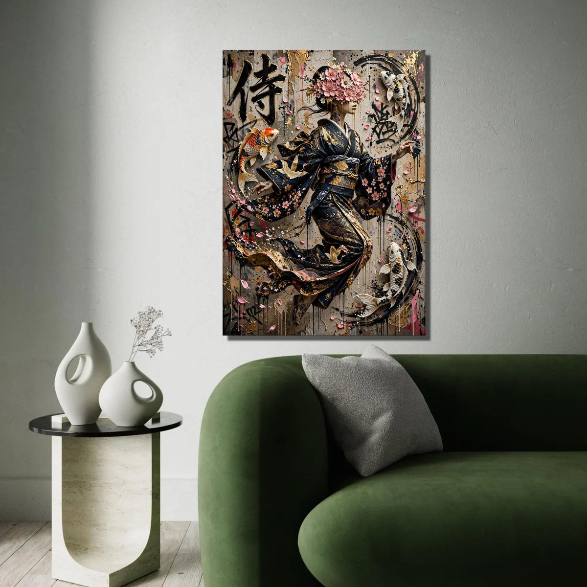 Elegant Geisha Kimono with Cherry Blossoms and Koi Fish Canvas, Asian Art Wall Decor, Modern Japanese Canvas Ready To Hang Decoration