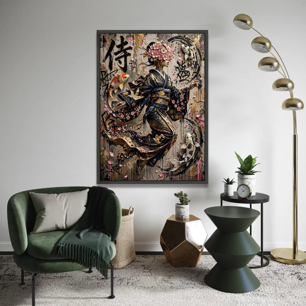 Elegant Geisha Kimono with Cherry Blossoms and Koi Fish Canvas, Asian Art Wall Decor, Modern Japanese Canvas Ready To Hang Decoration