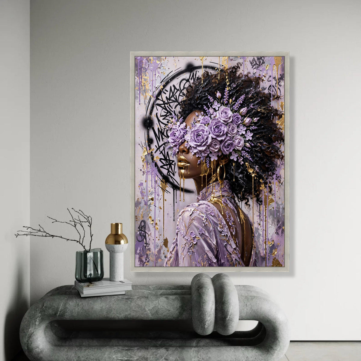 Elegant Woman with Purple Rose Crown, Abstract Floral Portrait Canvas, Gold Accents Wall Art, Contemporary Afro Ready To Hang Decoration