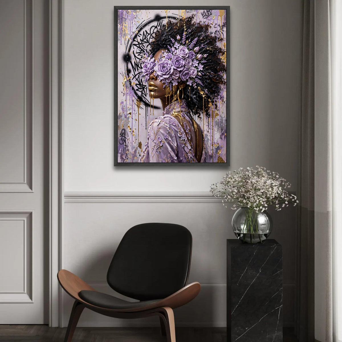 Elegant Woman with Purple Rose Crown, Abstract Floral Portrait Canvas, Gold Accents Wall Art, Contemporary Afro Ready To Hang Decoration