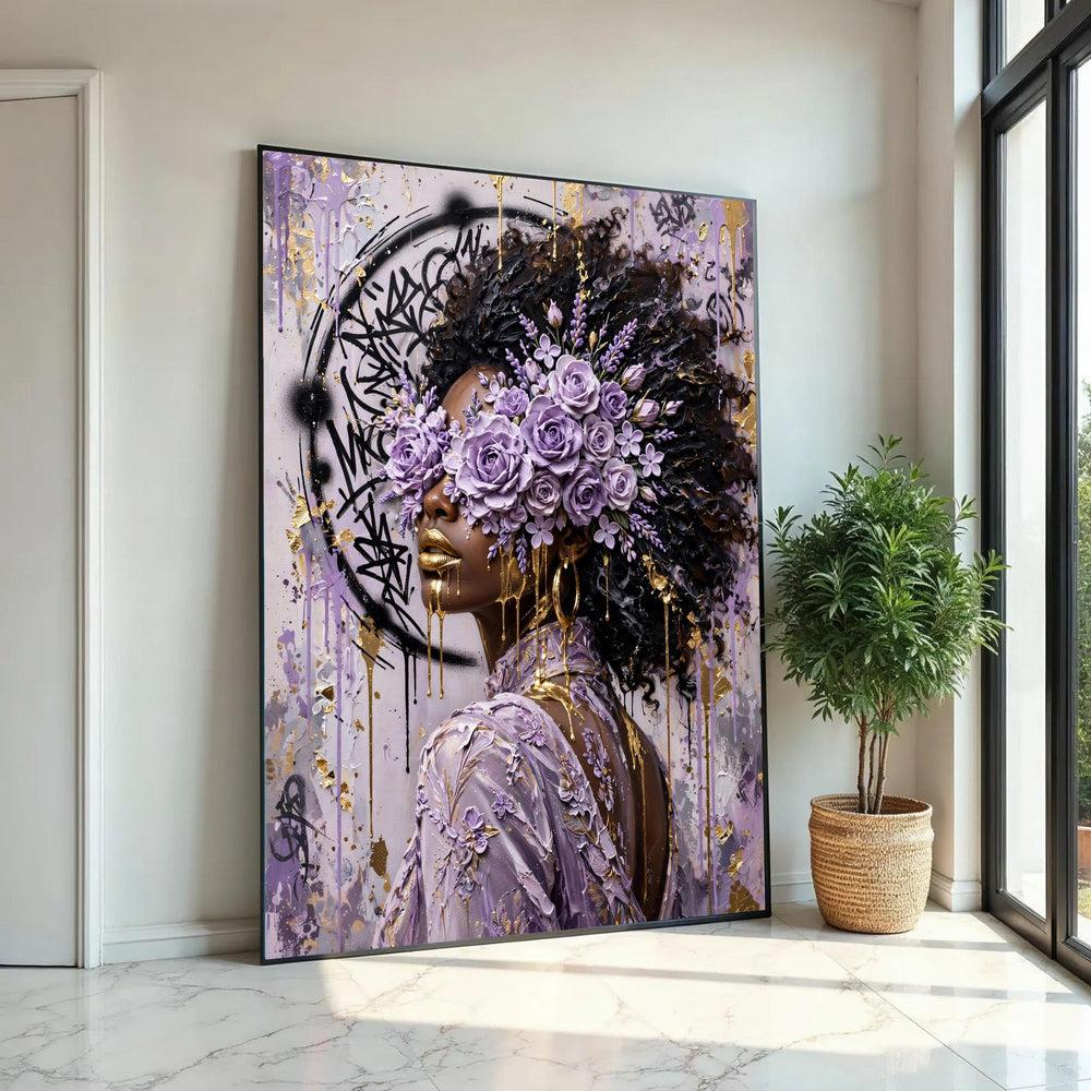 Elegant Woman with Purple Rose Crown, Abstract Floral Portrait Canvas, Gold Accents Wall Art, Contemporary Afro Ready To Hang Decoration