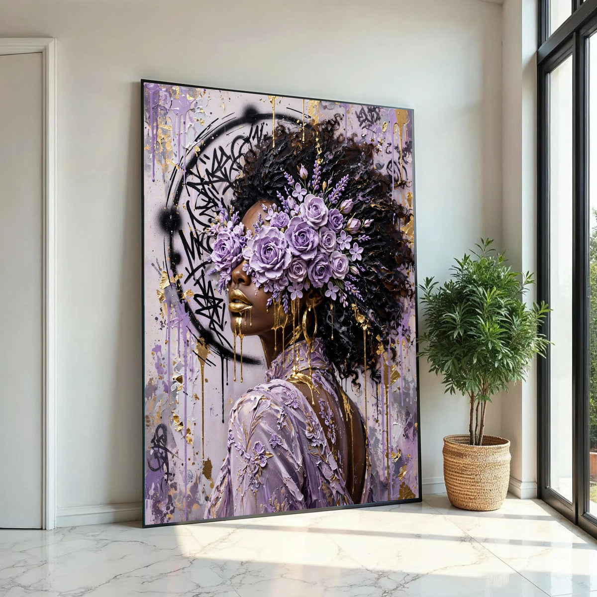 Elegant Woman with Purple Rose Crown, Abstract Floral Portrait Canvas, Gold Accents Wall Art, Contemporary Afro Ready To Hang Decoration