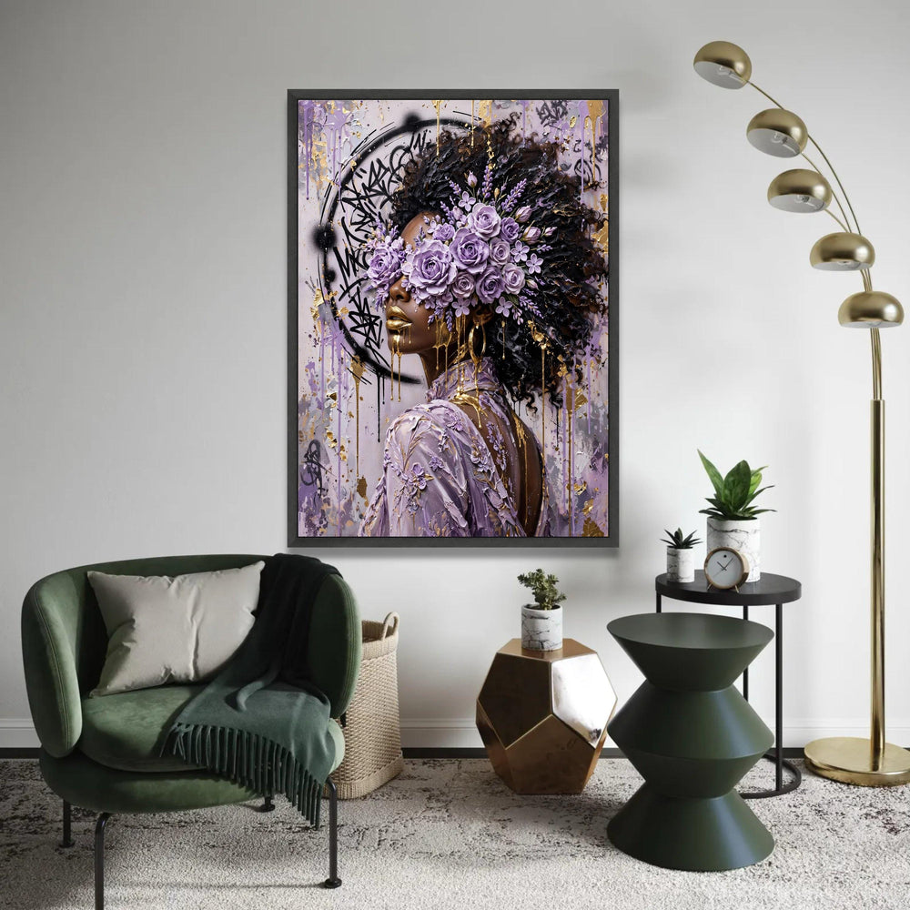 Elegant Woman with Purple Rose Crown, Abstract Floral Portrait Canvas, Gold Accents Wall Art, Contemporary Afro Ready To Hang Decoration