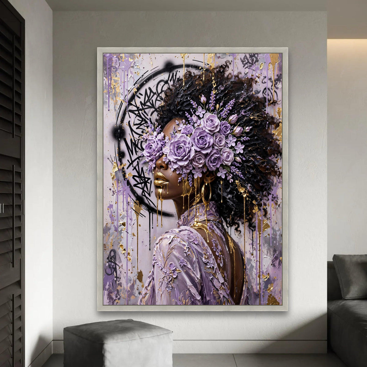 Elegant Woman with Purple Rose Crown, Abstract Floral Portrait Canvas, Gold Accents Wall Art, Contemporary Afro Ready To Hang Decoration