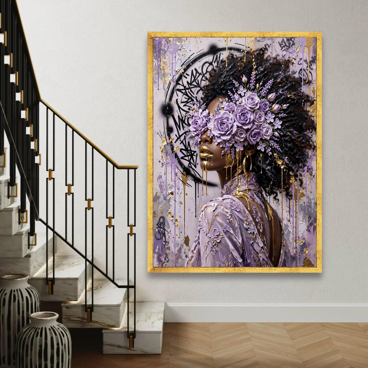 Elegant Woman with Purple Rose Crown, Abstract Floral Portrait Canvas, Gold Accents Wall Art, Contemporary Afro Ready To Hang Decoration