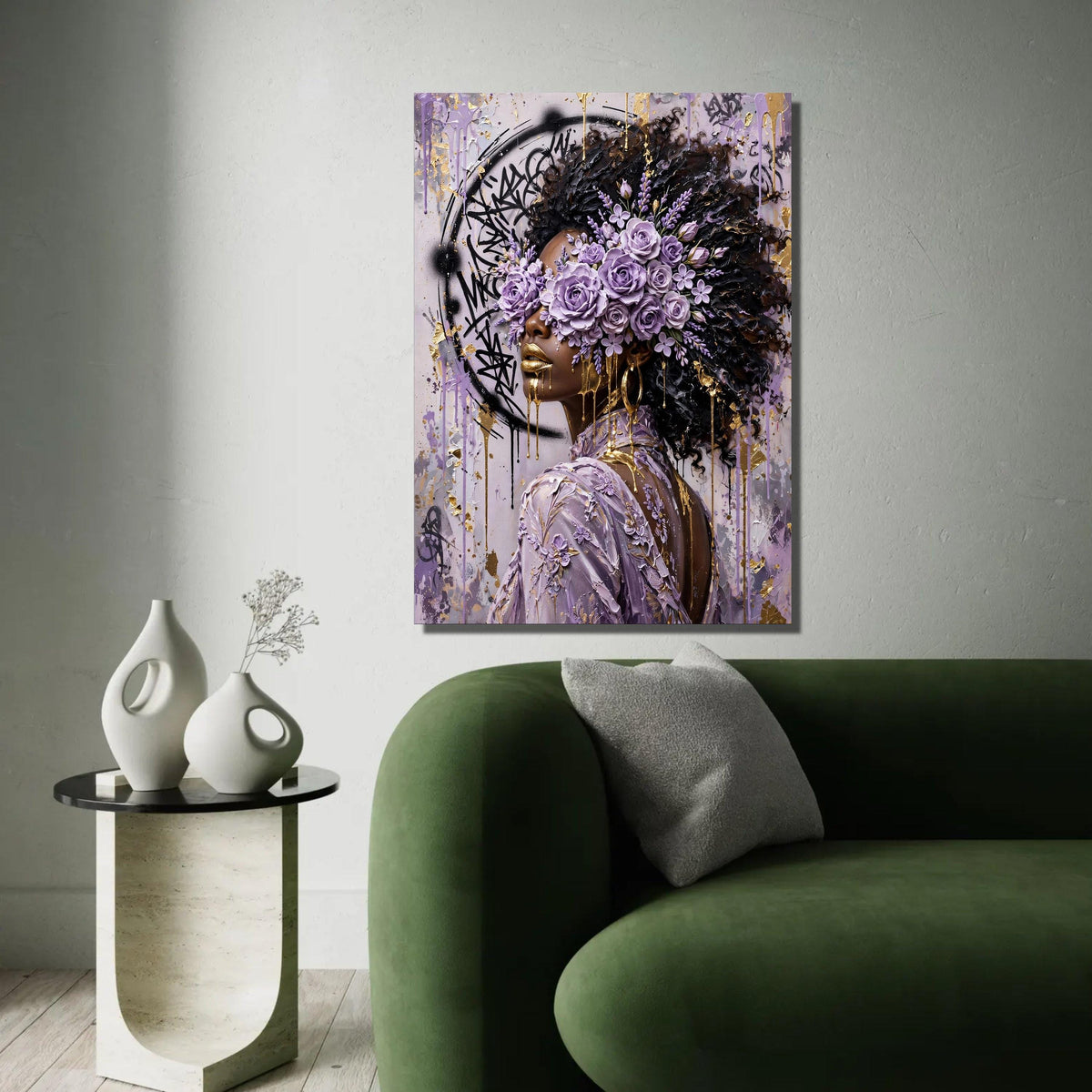 Elegant Woman with Purple Rose Crown, Abstract Floral Portrait Canvas, Gold Accents Wall Art, Contemporary Afro Ready To Hang Decoration