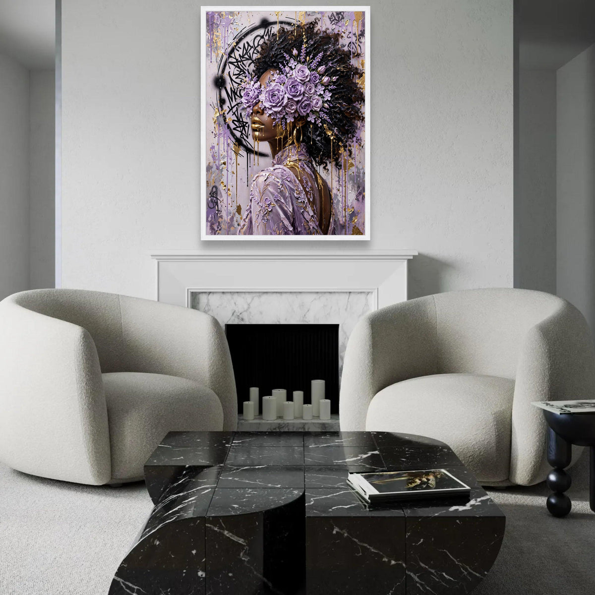 Elegant Woman with Purple Rose Crown, Abstract Floral Portrait Canvas, Gold Accents Wall Art, Contemporary Afro Ready To Hang Decoration