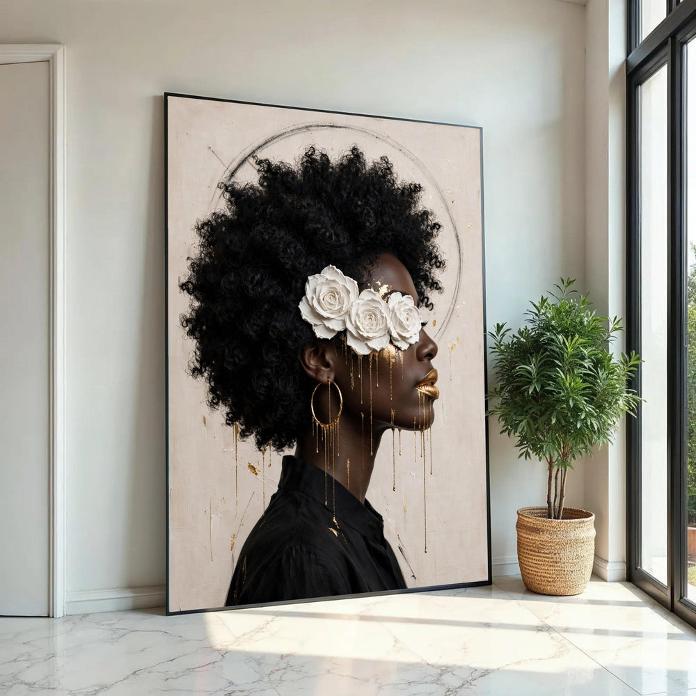 Elegant Black Woman Portrait Canvas, White Rose Headpiece Art, Gold Accent Face Painting, Afro Hair Wall Decor, Ready To Hang Decoration