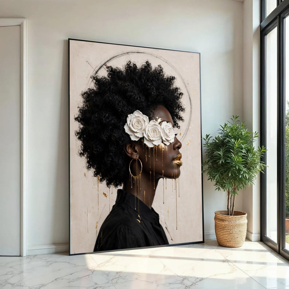 Elegant Black Woman Portrait Canvas, White Rose Headpiece Art, Gold Accent Face Painting, Afro Hair Wall Decor, Ready To Hang Decoration