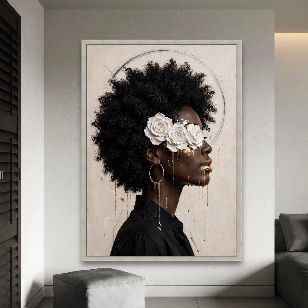 Elegant Black Woman Portrait Canvas, White Rose Headpiece Art, Gold Accent Face Painting, Afro Hair Wall Decor, Ready To Hang Decoration