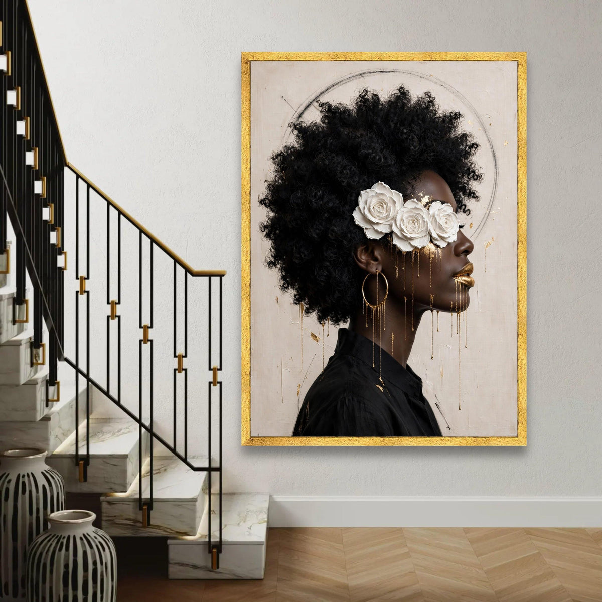 Elegant Black Woman Portrait Canvas, White Rose Headpiece Art, Gold Accent Face Painting, Afro Hair Wall Decor, Ready To Hang Decoration