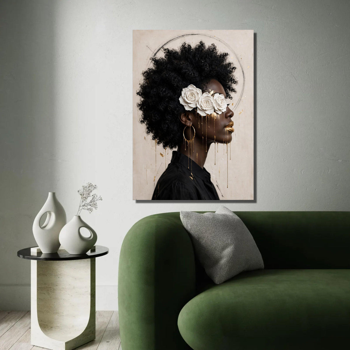 Elegant Black Woman Portrait Canvas, White Rose Headpiece Art, Gold Accent Face Painting, Afro Hair Wall Decor, Ready To Hang Decoration