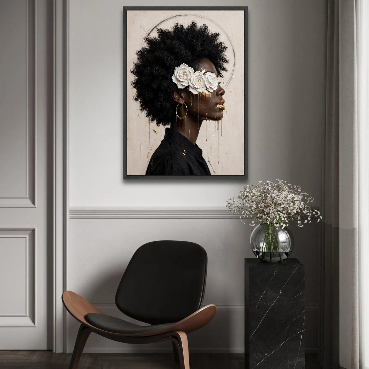 Elegant Black Woman Portrait Canvas, White Rose Headpiece Art, Gold Accent Face Painting, Afro Hair Wall Decor, Ready To Hang Decoration