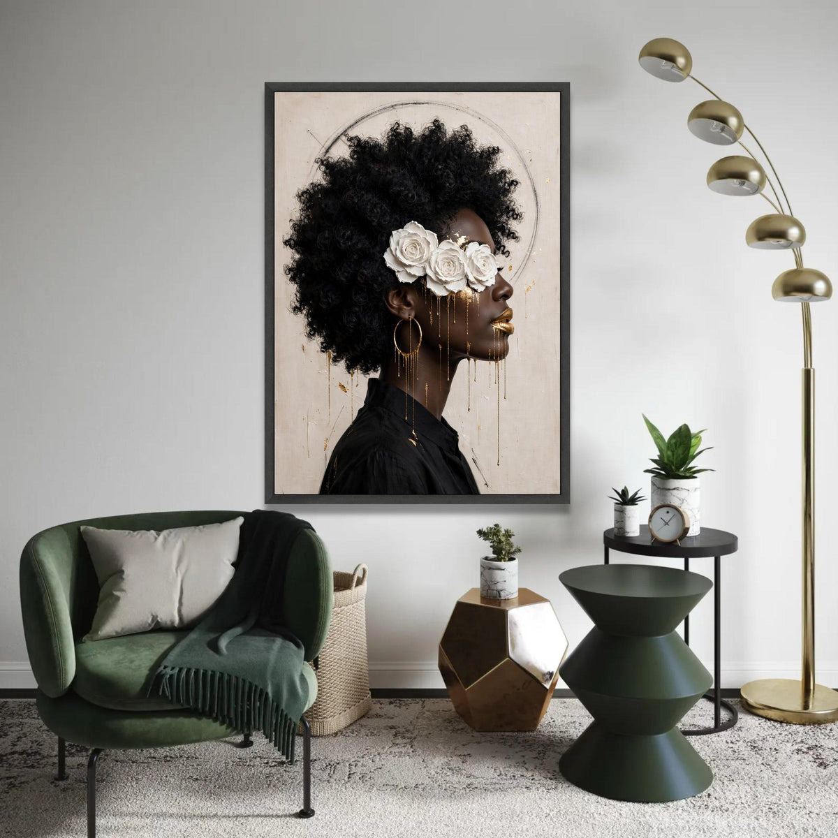 Elegant Black Woman Portrait Canvas, White Rose Headpiece Art, Gold Accent Face Painting, Afro Hair Wall Decor, Ready To Hang Decoration