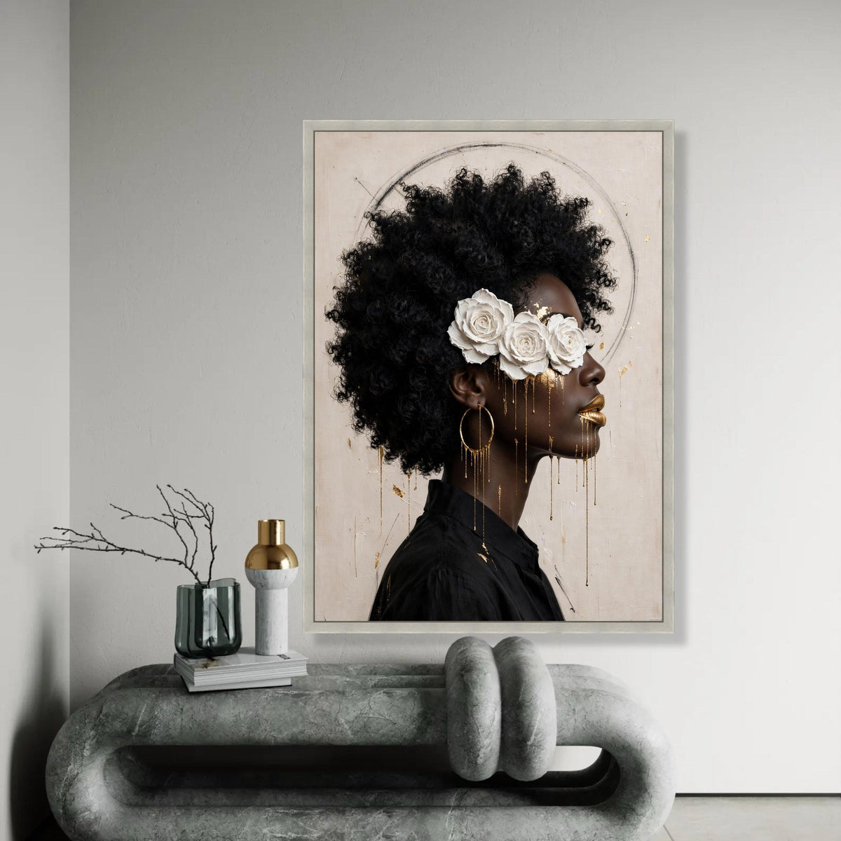Elegant Black Woman Portrait Canvas, White Rose Headpiece Art, Gold Accent Face Painting, Afro Hair Wall Decor, Ready To Hang Decoration