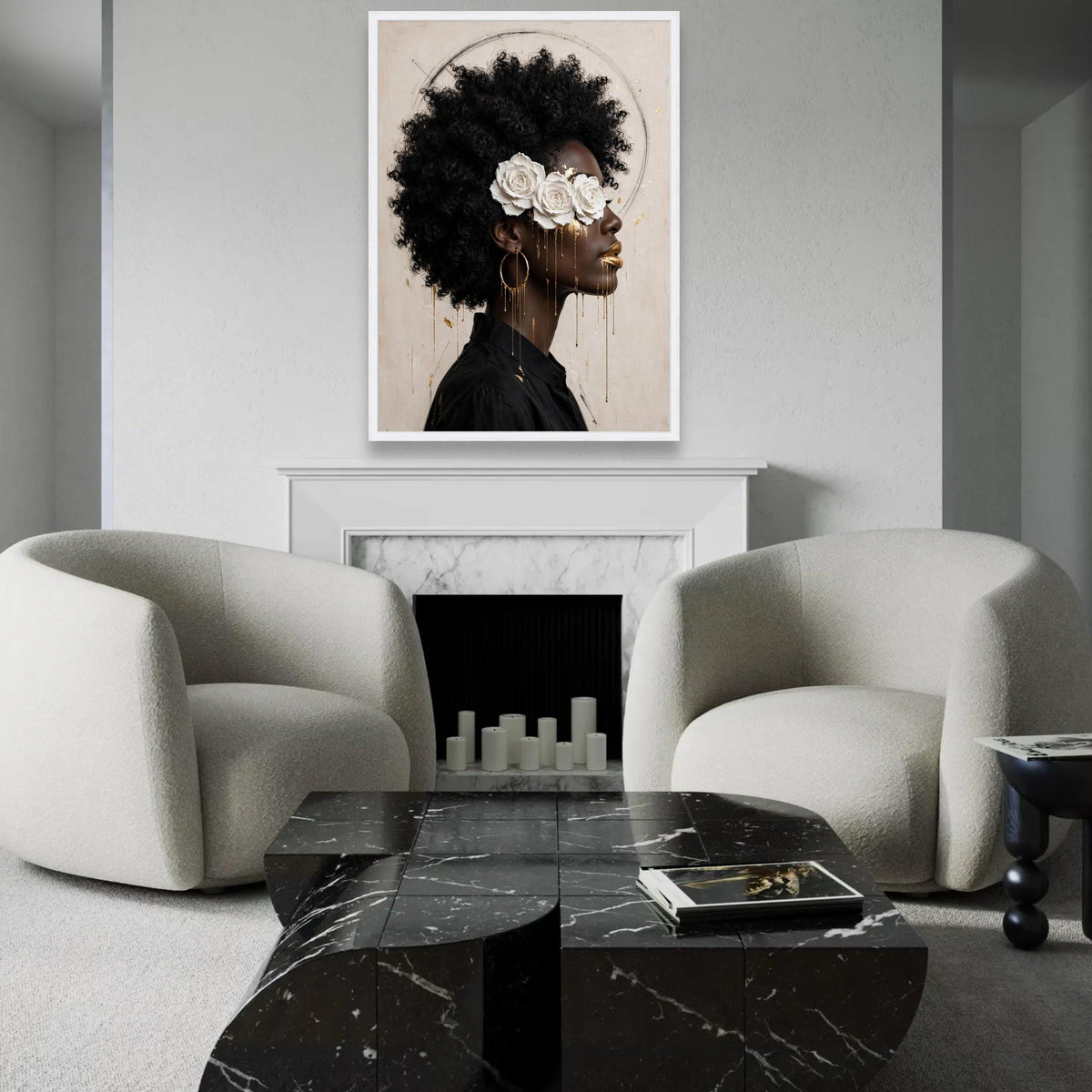 Elegant Black Woman Portrait Canvas, White Rose Headpiece Art, Gold Accent Face Painting, Afro Hair Wall Decor, Ready To Hang Decoration