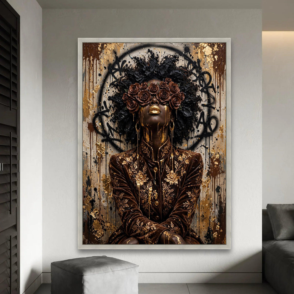 Regal Woman Portrait Canvas, Gold Floral Fashion Art, Black Beauty Wall Decor, Contemporary Feminine Canvas, Luxury Ready To Hang Decoration